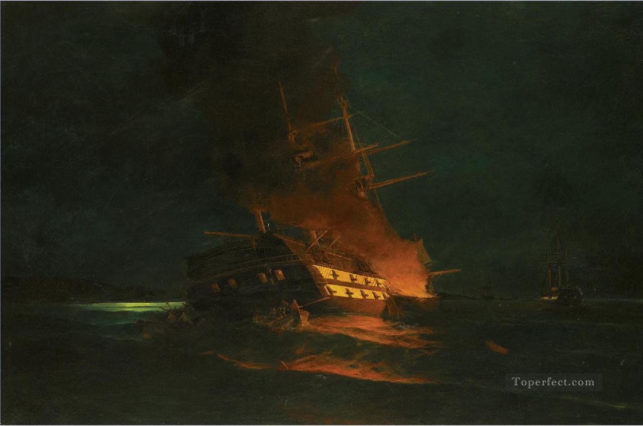 The burning of a Turkish frigate 2 by Konstantinos Volanakis Naval Battle Oil Paintings